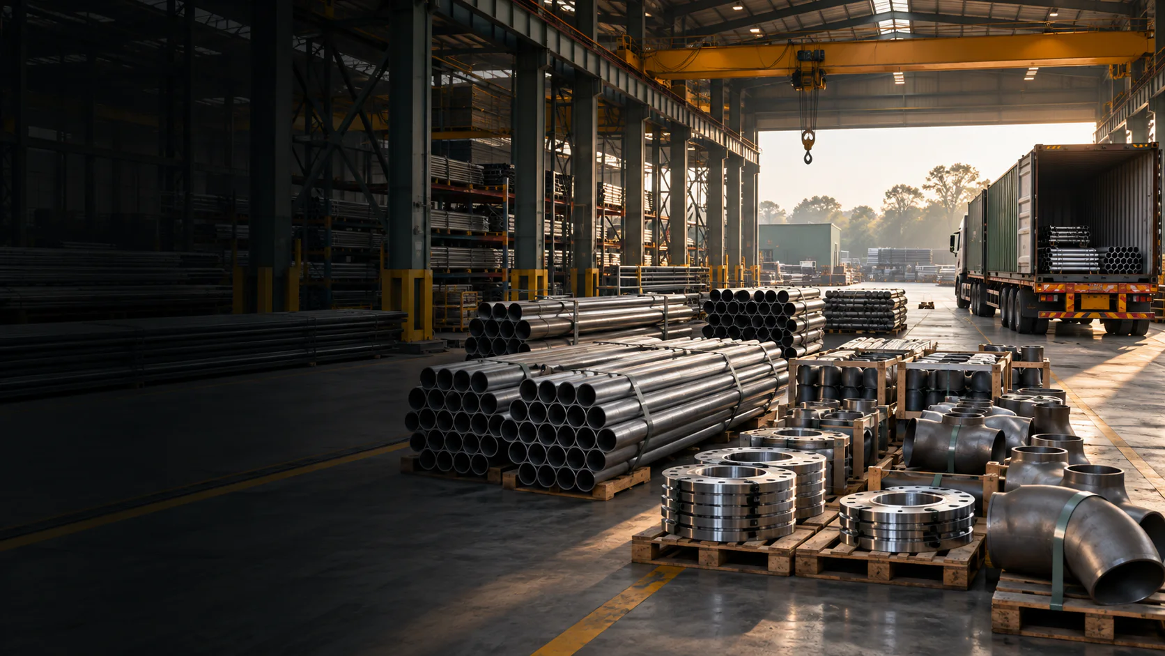 Steel pipes, flanges and fittings prepared in a dispatch warehouse