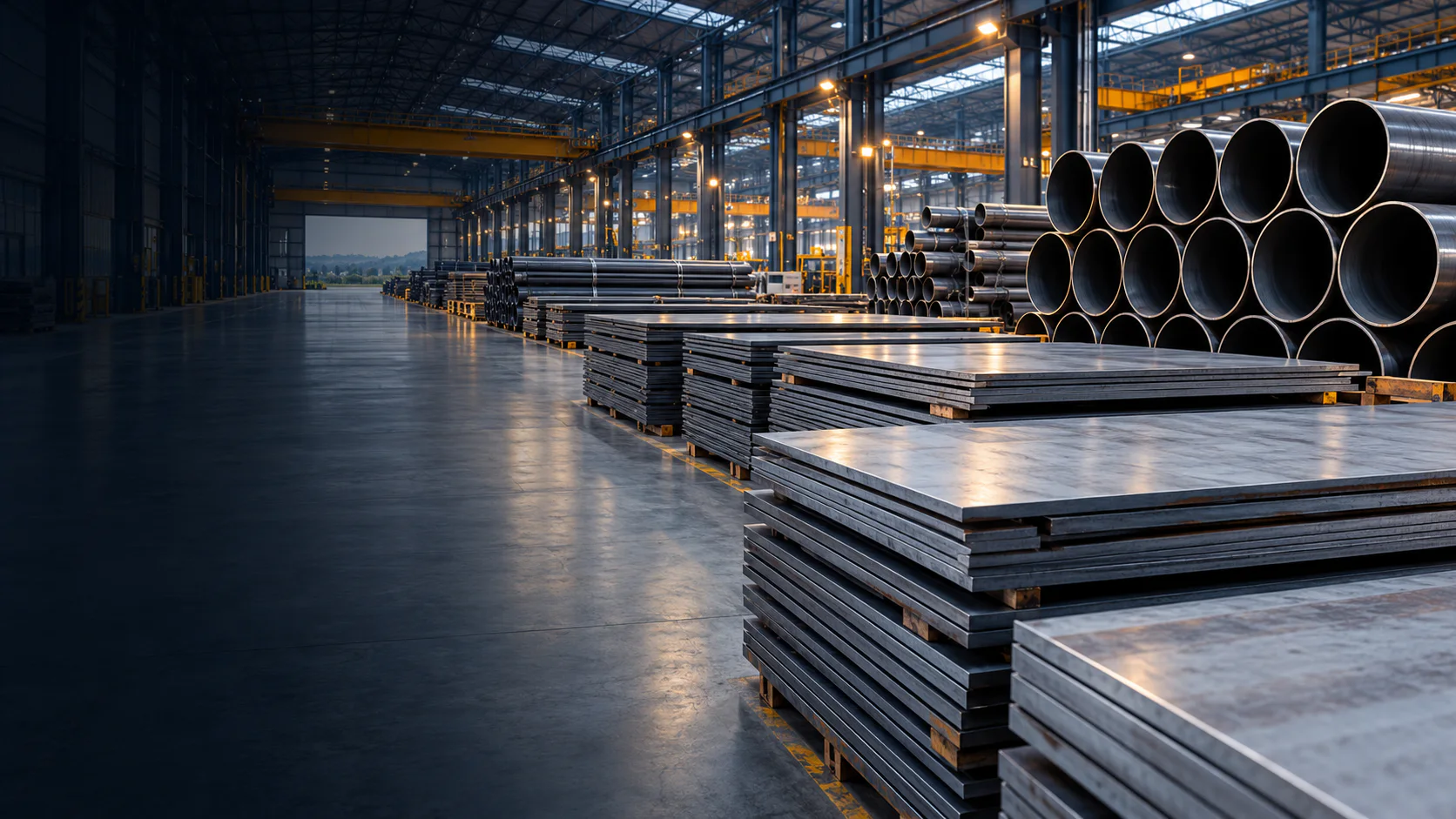 Organized warehouse inventory of steel plates and pipes